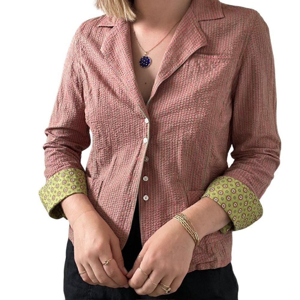 Robert Graham Womens Pink Green Seersucker Striped Collared Blouse Shirt Sz S